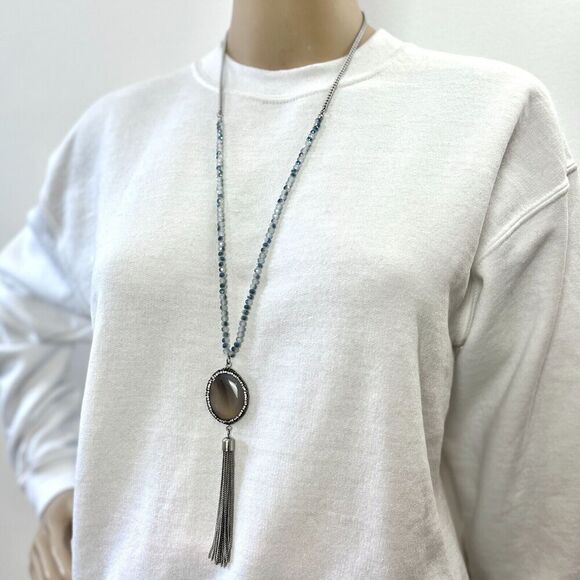 Tassel Chain Necklace Glass Beads Silver Tone Curb 32in Rhinestone Banded Agate - Picture 4 of 14